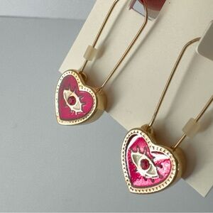 Betsy Johnson Drop Earrings Eye Heart Ruby Red Protection Gold Tone Wire Vision